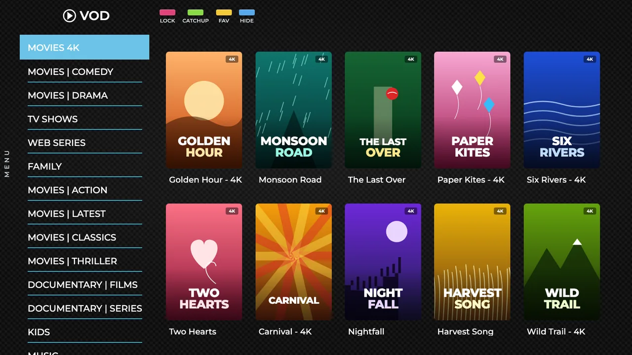 The VOD screen on OTV: categories on the left, titles on the right